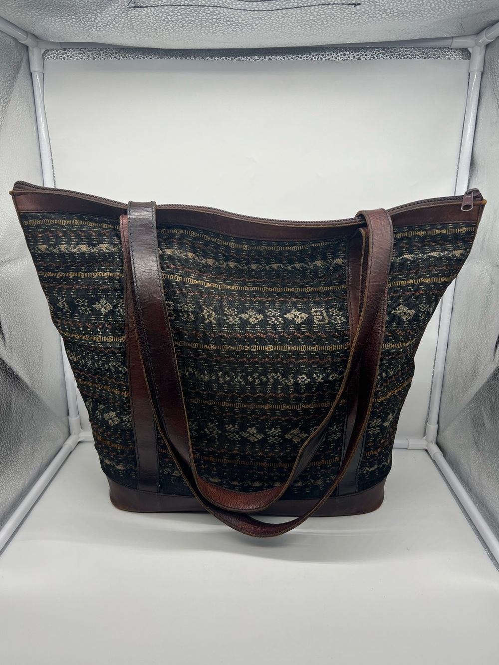 HANDCRAFTED Ikat & Brown Leather Artisan Traditional Large Tote Shoulder Bag